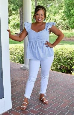 Andree - T10203-PP - 51122 Always On Your Mind Striped Top - Sky Blue TOPS