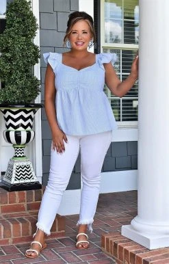 Andree - T10203-PP - 51122 Always On Your Mind Striped Top - Sky Blue TOPS