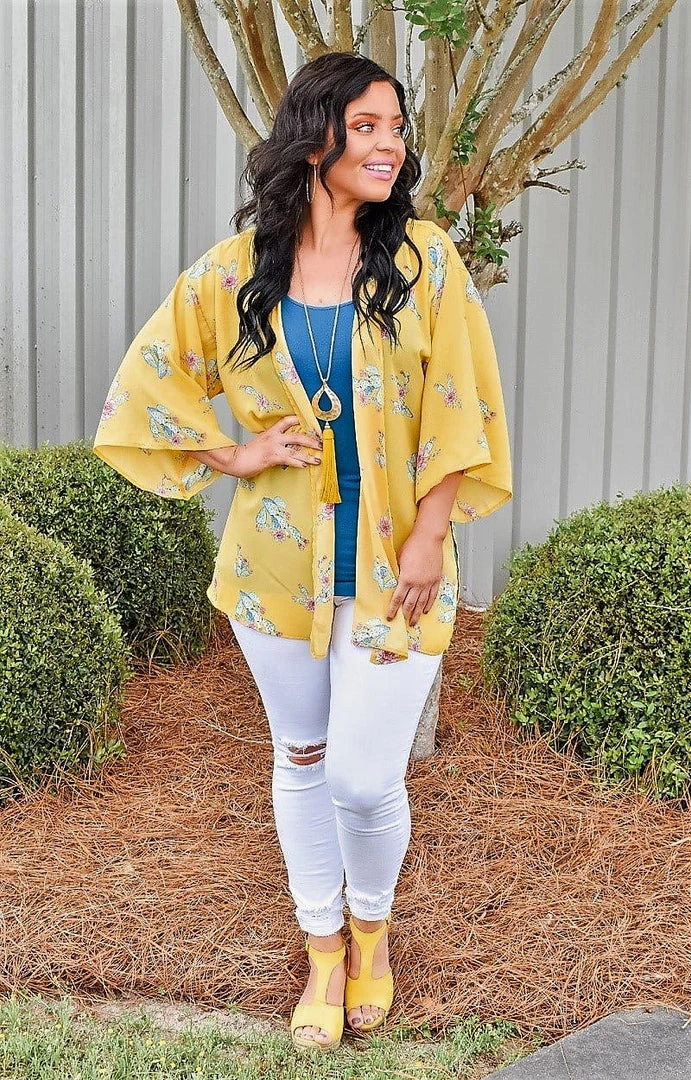 Vision - T1787-8PP - 41721 Don't Be Prickly Print Kimono/Cover Up - Yellow