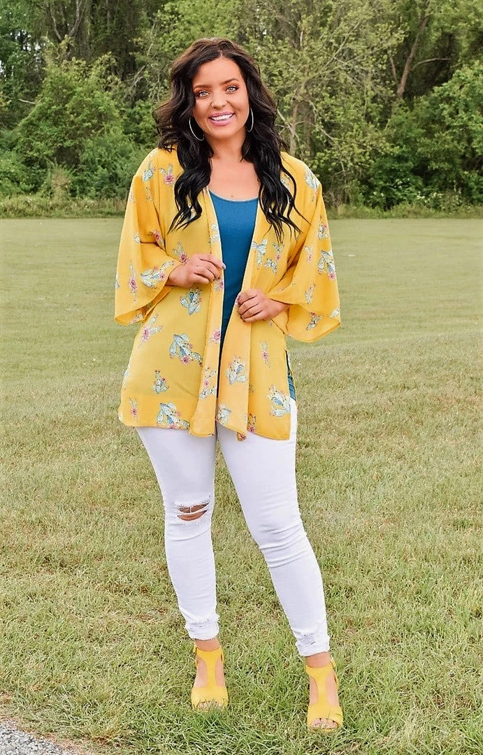 Vision - T1787-8PP - 41721 Don't Be Prickly Print Kimono/Cover Up - Yellow