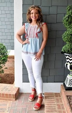 Andree - T10109 - 31922 Twice As Nice Embroidered Top - Sky Blue TOPS