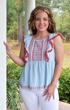 Andree - T10109 - 31922 Twice As Nice Embroidered Top - Sky Blue TOPS