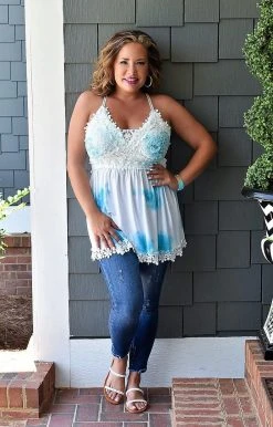 White Birch - T23624P - 522222 TOPS Weekend By The Coast Print Top - Aqua