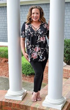 Heimish - BL-ET6117-14 - 31022 Friendly Chats Floral Top - Black TOPS