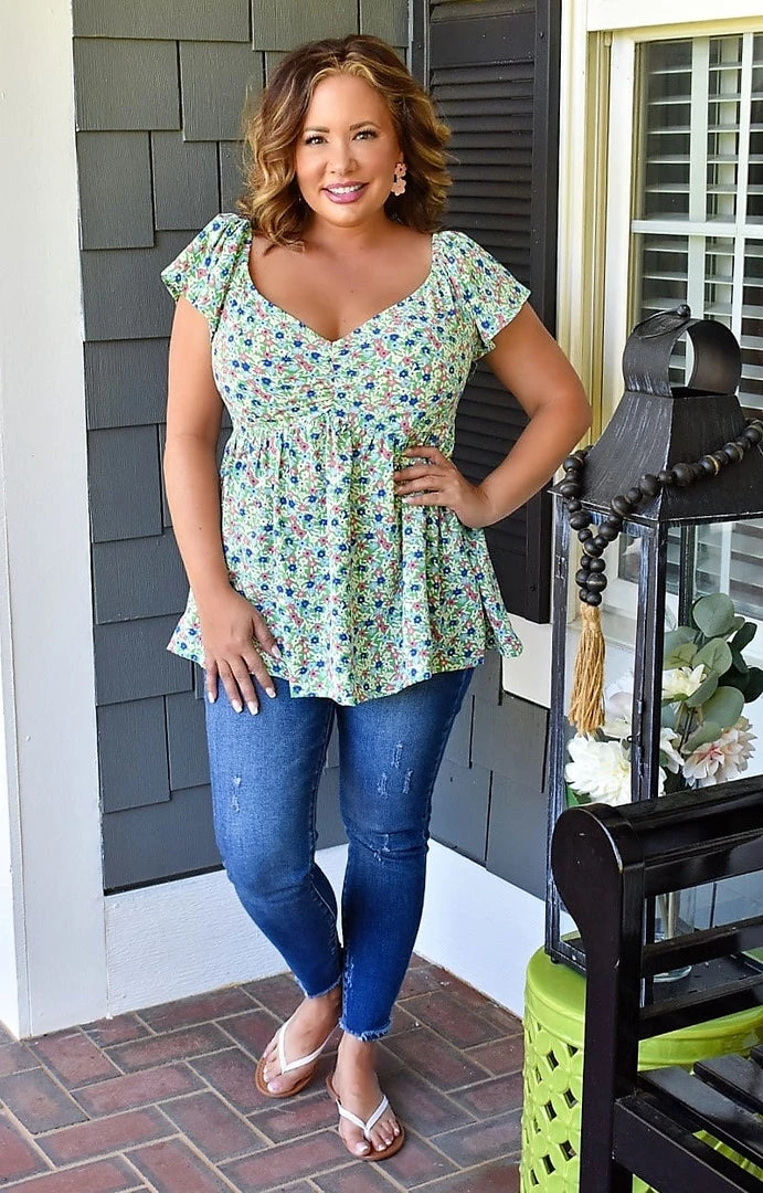Staccato - 18578B-PP - 51722 Sweet Laughter Floral Top - Green TOPS