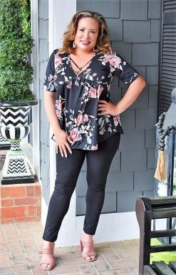 Heimish - BL-ET6117-14 - 31022 Friendly Chats Floral Top - Black TOPS