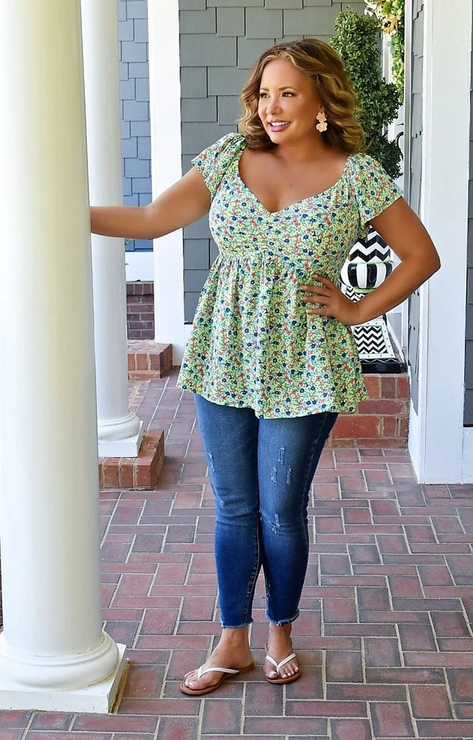 Staccato - 18578B-PP - 51722 Sweet Laughter Floral Top - Green TOPS