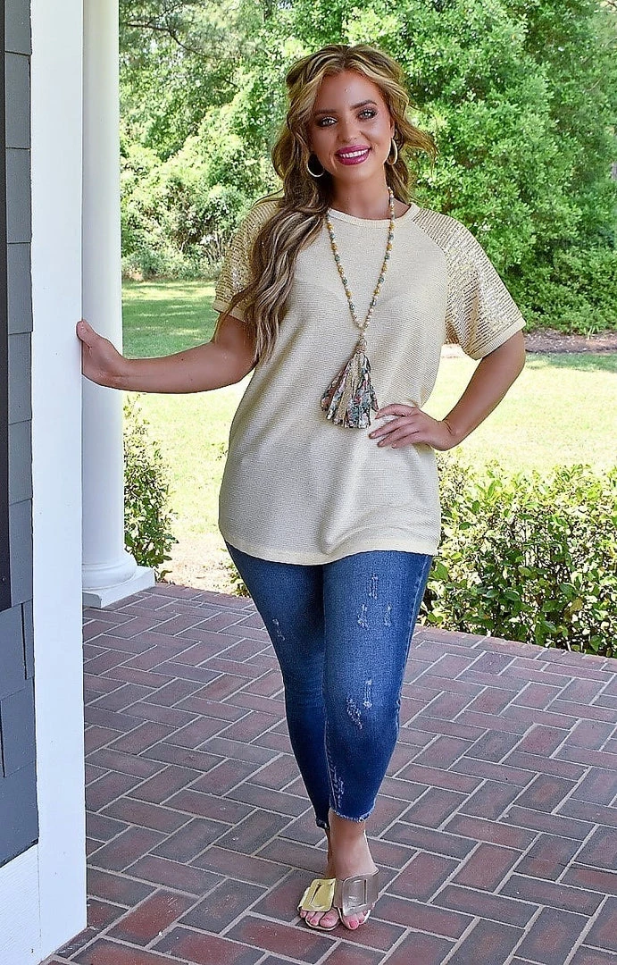 YFW - 10558 - 51922 TOPS Good Moods Sequin Top - Beige