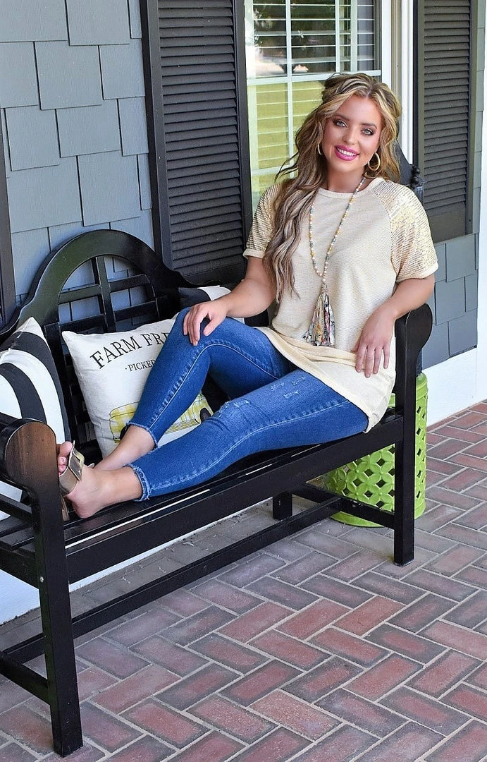 YFW - 10558 - 51922 TOPS Good Moods Sequin Top - Beige