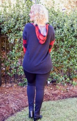 Heimish - BL-ST1499-10 - 10920 Center Of Attention Plaid Hooded Pullover - Black/Red