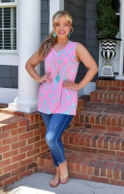 Heimish - ST2045-21 - 7622 Endless Appreciation Print Top - Aqua/Hot Pink