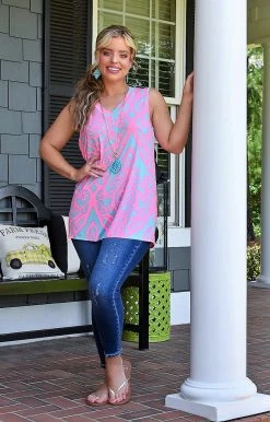 Heimish - ST2045-21 - 7622 Endless Appreciation Print Top - Aqua/Hot Pink