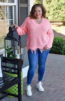 Sew In Love - TCS-3 - 21322 Let In The Love Distressed Sweater - Coral
