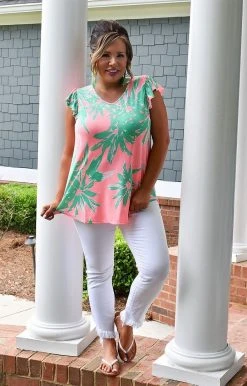 Sew In Love - VT24177-2551B - 5722 Leave Together Print Top - Coral