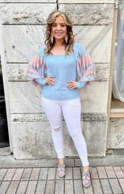 See & Be Seen - SW6216-1 - 22122 Charm Your Way In Sweater - Blue/Pink TOPS