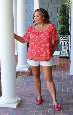 Flying Tomato - IT11522-PP - 4122 TOPS Serious Flirt Print Top - Red