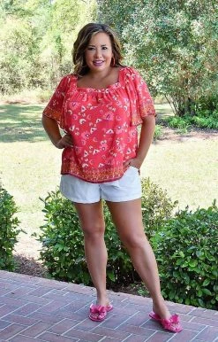 Flying Tomato - IT11522-PP - 4122 TOPS Serious Flirt Print Top - Red