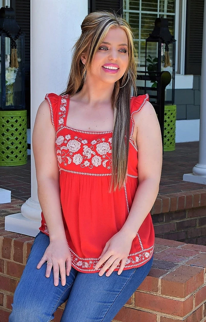 Andree - T10038 - 42422 My Biggest Fan Embroidered Top - Red