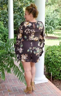 ODDI - IP13724 - 92421 Naturally Charming Floral Romper - Brown BOTTOMS