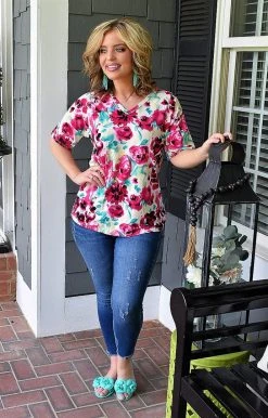 Heimish - ST1958-25 - 71822 Simple Concepts Floral Top - Pink TOPS