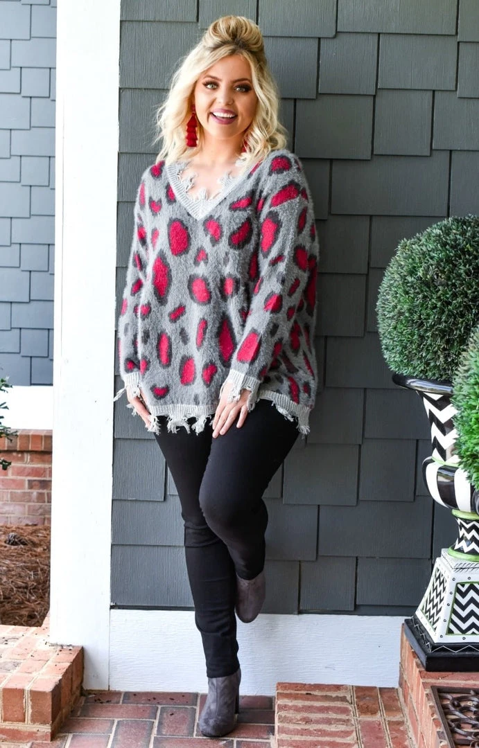 Davi & Dani - PWT91274PER - 92220 Cut You Loose Leopard Print Sweater - Charcoal Sweaters