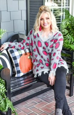 Davi & Dani - PWT91274PER - 92220 Cut You Loose Leopard Print Sweater - Charcoal Sweaters