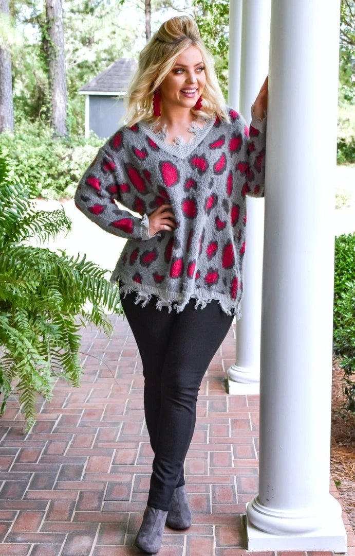 Davi & Dani - PWT91274PER - 92220 Cut You Loose Leopard Print Sweater - Charcoal Sweaters