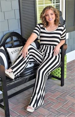 Heimish - BL-SP1122-10 - 41422 Secret's Out Striped Jumpsuit - Oatmeal/Black