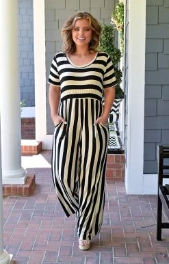 Heimish - BL-SP1122-10 - 41422 Secret's Out Striped Jumpsuit - Oatmeal/Black