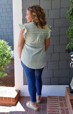 Staccato - 18248B-PP - 51222 Full Of Love Striped Top - Green TOPS