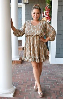 Caramela - CD8924-SAMANTHA - 12321 DRESSES Feeling Fabulous Print Dress - Taupe