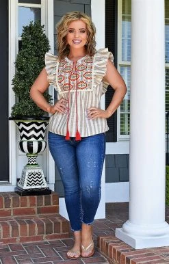 Andree - 18378 - 62922 Tell Me How Embroidered Top - Taupe TOPS