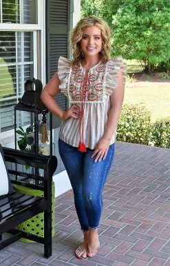 Andree - 18378 - 62922 Tell Me How Embroidered Top - Taupe TOPS