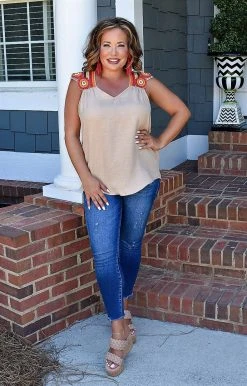 Hailey & Co - ST7605 - 7522 Always Sure Embroidered Top - Taupe TOPS