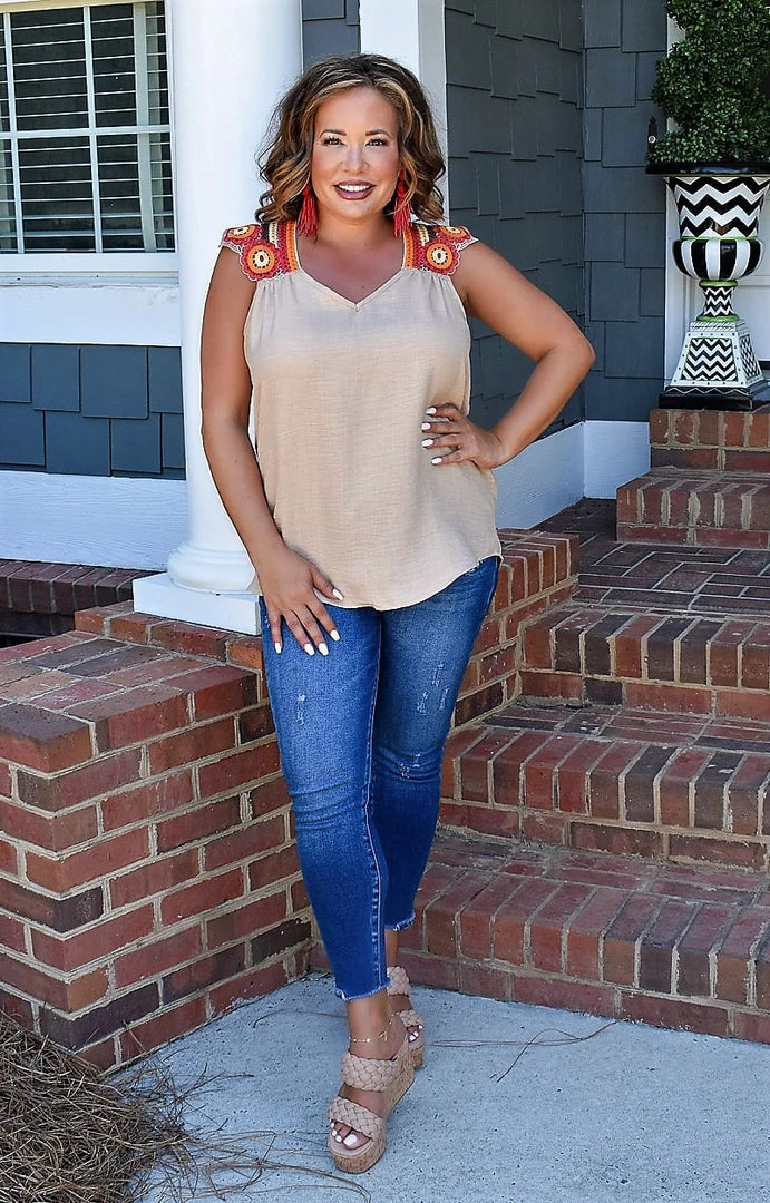 Hailey & Co - ST7605 - 7522 Always Sure Embroidered Top - Taupe TOPS