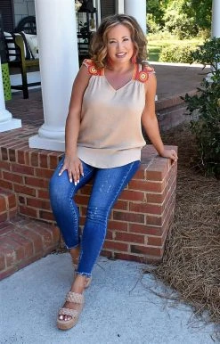 Hailey & Co - ST7605 - 7522 Always Sure Embroidered Top - Taupe TOPS