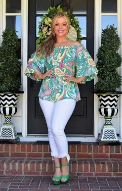 Flying Tomato - IT11647-PP - 7322 TOPS Enjoy The Moment Print Top - Green