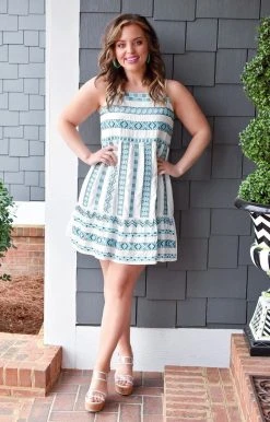 Andree - 94668-PP - 21122 Searching For Joy Print Dress - Ivory/Teal